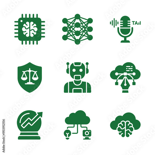Green Artificial Intelligence and Machine Learning Technology Vector Icon Set
