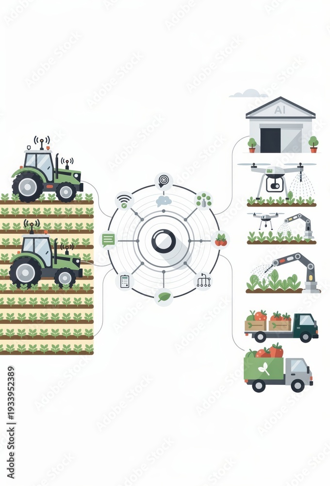 Obraz premium Innovative agricultural technology integrating AI driven automation showcasing smart farming with tractors drones and data connectivity enhancing crop management efficiency