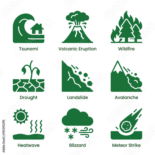 Set of Nine Natural Disaster Icons in Green Flat Vector Style