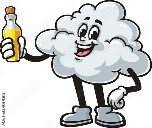 Cartoon cloud mascot is holding a bottle of oil
