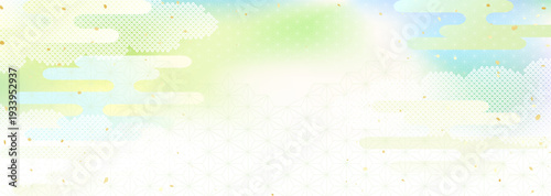 新緑風グラデーションと日本の伝統的な模様を組み合わせた和風背景イラスト