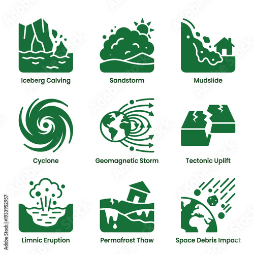 Environmental disaster and geological event vector icons set in green color