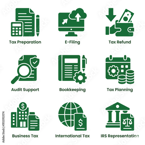 Professional tax preparation and bookkeeping services flat icons set in green