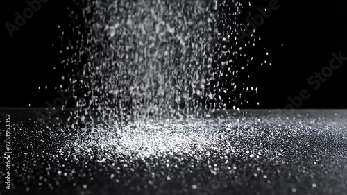 White powder being scattered and falling onto a flat, black surface in stark contrast
