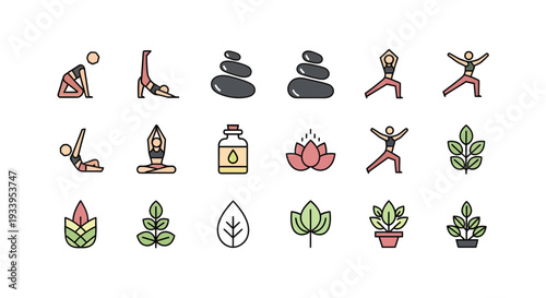 Yoga Poses and Nature Wellness Icon Set for Meditation, Spa, and Healthy Lifestyle