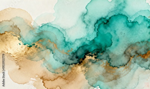 Abstract Alcohol Ink Background with Turquoise Teal and Golden Foil Veins