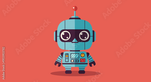 Cute blue robot character with big eyes on red background