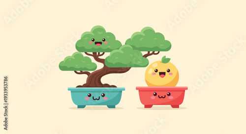 Cute Kawaii Bonsai Tree and Fruit Characters with Happy Faces