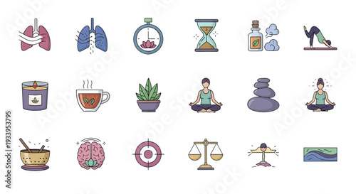Mindfulness and Mental Health Wellness Icon Set for Meditation, Yoga, and Stress Relief