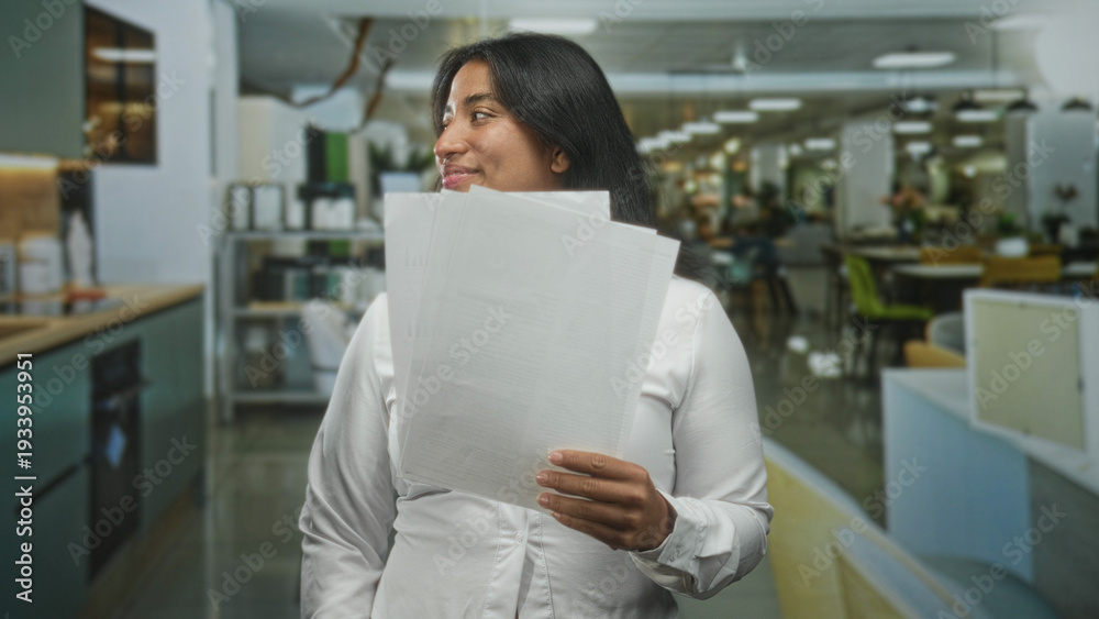 Fototapeta premium Young hispanic woman holding a stack of papers, speaking with her hand visible, in a modern office building with desks and seating; public speaking confidence.