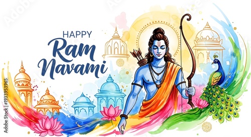 Happy ram navami festival greeting with lord rama and temple elements