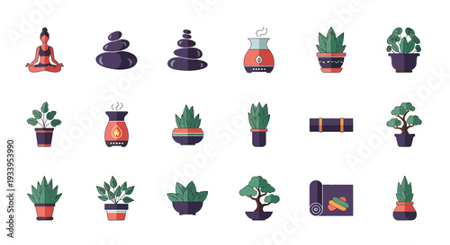 Yoga and Meditation Wellness Icon Set with Houseplants, Zen Stones, and Essential Oil Diffusers