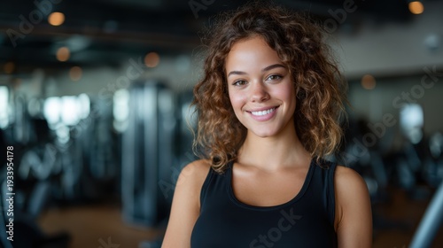 A cheerful young woman with curly hair stands confidently in a gym, showcasing her fitness journey and positive attitude towards health and wellness amidst gym equipment. Free Download A cheerful young woman with curly hair stands confidently in a gym, showcasing her fitness journey and positive attitude towards health and wellness amidst gym equipment. - GFXLoad