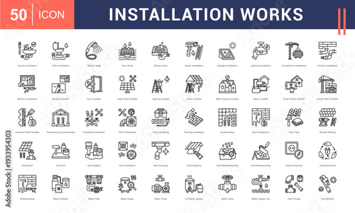Installation Works Icon Set. Faucet Installation, Toilet Installation, Shower Head, Floor Drain, Shower Drain and more. Outline vector icons collection.