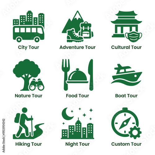 Collection of Green Vector Icons for Different Types of Travel Tours