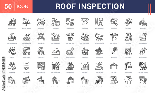 Roof Inspection Icon Set. Roof Inspection, Roof Leak Detection, Roof Cleaning, Roof Sealant, Roof Ventilation and more. Outline vector icons collection.