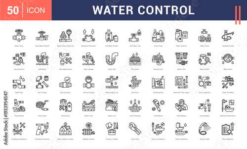 Water Control Icon Set. Water Valve, Main Water Shutoff, Water Pressure Control, Backflow Prevention, Hot Water System and more. Outline vector icons collection.
