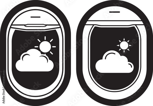 Airplane Window View Icons - Sunny Sky with Clouds Through Aircraft Porthole - Simple Black and White Outline Vector for Air Travel and Vacation