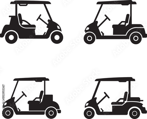 Four black silhouettes of golf carts in different positions