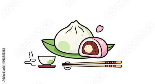 Japanese Food: Steamed Bun, Mochi, Tea, Chopsticks