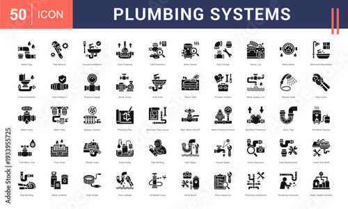 Plumbing Systems Icon Set. Water Pipe, Pipe Wrench, Faucet Installation, Drain Cleaning, Leak Detection and more. Glyph Style vector icons collection.