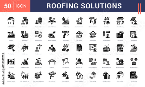 Roofing Solutions Icon Set. Roof Installation, Roof Repair, Roof Inspection, Roof Leak Detection, Roof Cleaning and more. Glyph Style vector icons collection.