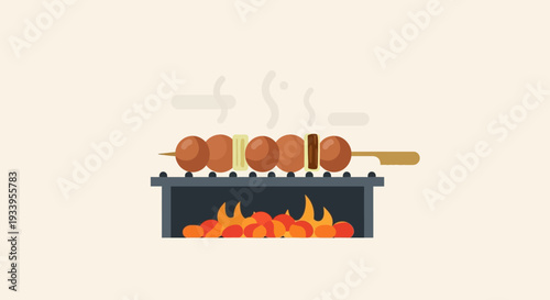 Barbecue grill with meat skewers cooking over flames