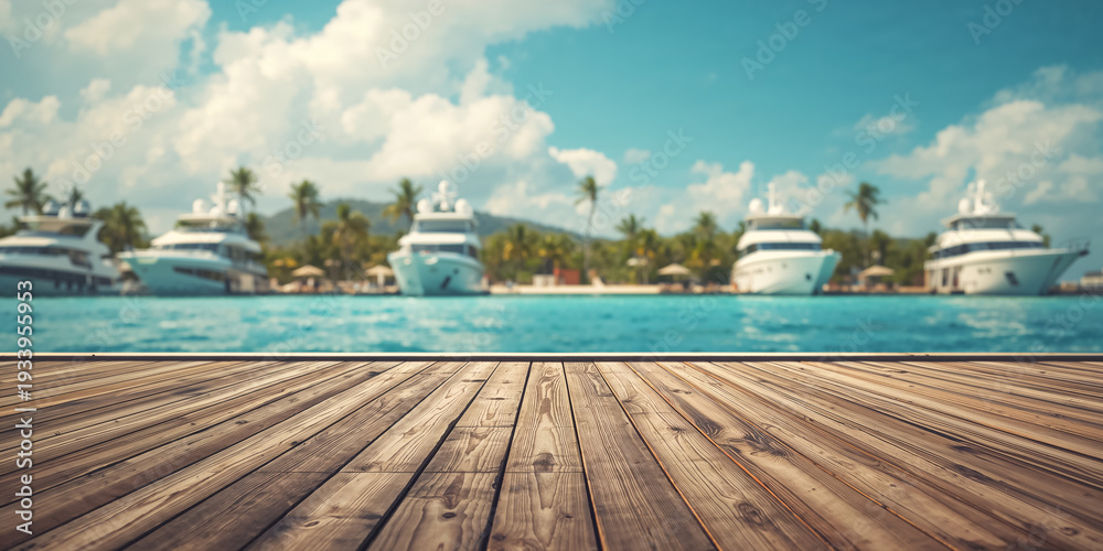 Fototapeta premium close-up of a wooden pier, with yachts and the sea in the background