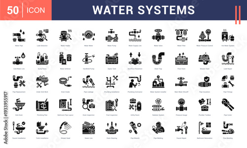 Water Systems Icon Set. Water Pipe, Leak Detection, Water Heater, Water Meter, Water Pump and more. Glyph Style vector icons collection.