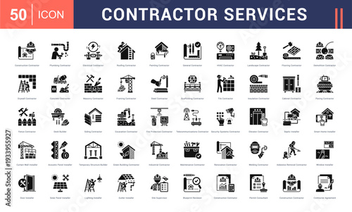 Contractor Services Icon Set. Construction Contractor, Plumbing Contractor, Electrical Contractor, Roofing Contractor, Painting Contractor and more. Glyph Style vector icons collection.