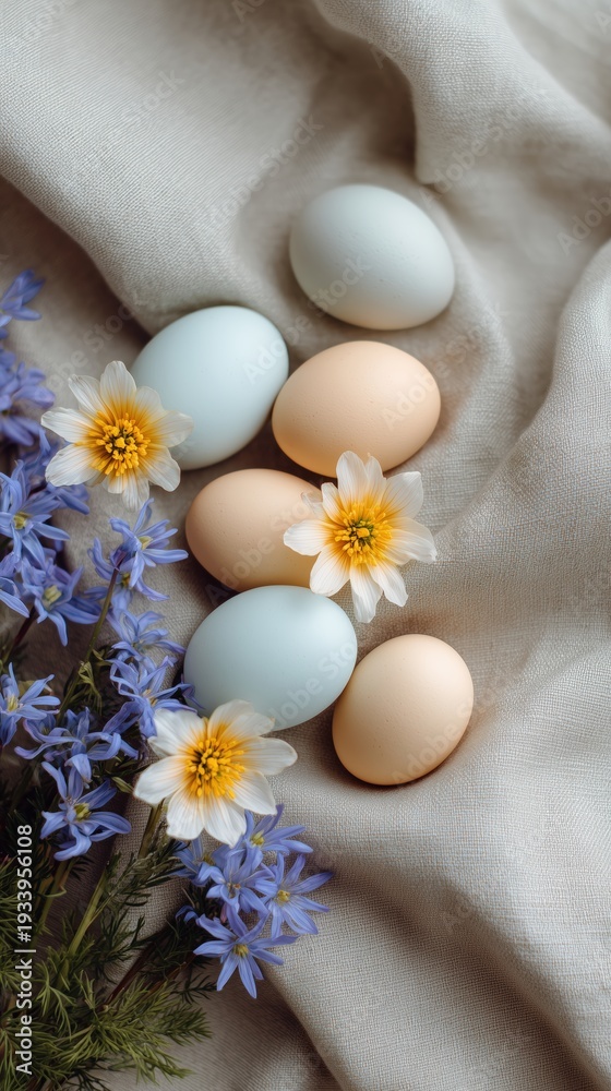 custom made wallpaper toronto digitalColorful Easter Eggs Nestled Among Blue Flowers and Soft Fabric Background