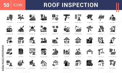 Roof Inspection Icon Set. Roof Inspection, Roof Leak Detection, Roof Cleaning, Roof Sealant, Roof Ventilation and more. Glyph Style vector icons collection.