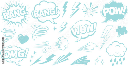 Comic Book Style Elements: Blue Cartoon Sound Effects, Action Words, Weather and Tornados
