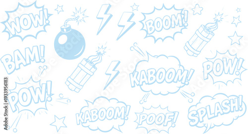 Comic Book Style Onomatopoeia and Explosion Elements Background. Hand-Drawn Cartoon Sound Effects like Wow, Boom, Pow, Splash in Light Blue Doodle Art.