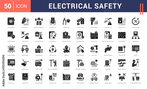 Electrical Safety Icon Set. Circuit Breaker, Voltage Tester, Electrical Safety Gear, Multimeter Tool, Insulated Tools and more. Glyph Style vector icons collection.
