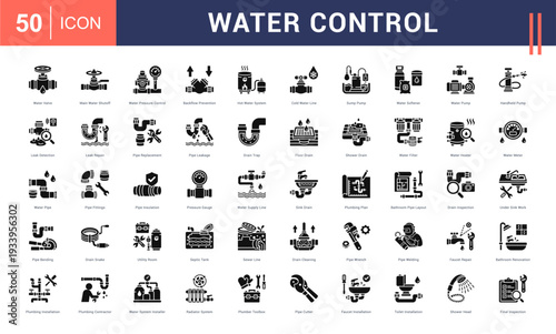 Water Control Icon Set. Water Valve, Main Water Shutoff, Water Pressure Control, Backflow Prevention, Hot Water System and more. Glyph Style vector icons collection.