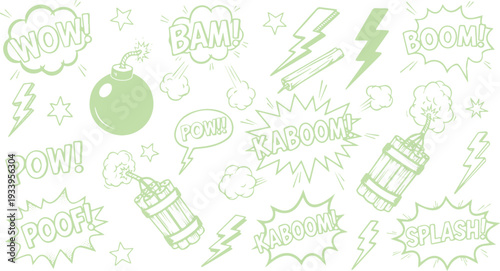 Energetic comic book style sound effect text and action elements in green, perfect for action-packed designs.