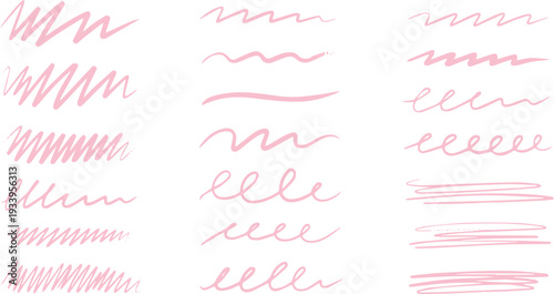 Set of playful pink hand-drawn scribbles and wavy lines, ideal for adding a touch of whimsical flair to designs.