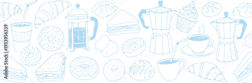 Seamless pattern of hand-drawn breakfast food and coffee items, including croissants, donuts, sandwiches, and french press coffee, in blue outline.