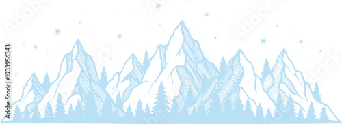 Stylized hand-drawn winter mountain range with pine trees and stars, in light blue on white background, representing nature and cold seasons.