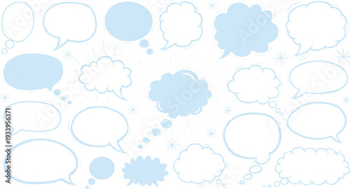 Collection of hand-drawn speech and thought bubbles in various shapes and sizes, on a white background with light blue accents and stars.