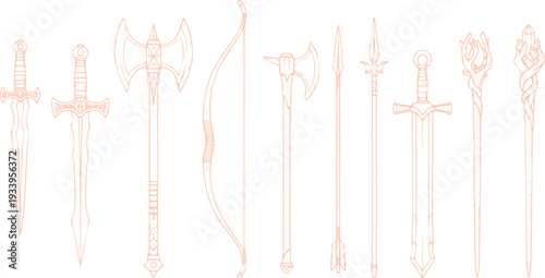 Set of stylized medieval fantasy weapons including swords, axes, bow and arrow, and spears, in a light orange outline.