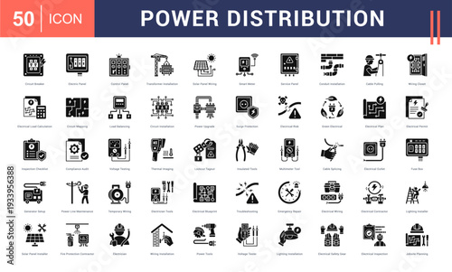 Power Distribution Icon Set. Circuit Breaker, Electric Panel, Control Panel, Transformer Installation, Solar Panel Wiring and more. Glyph Style vector icons collection.