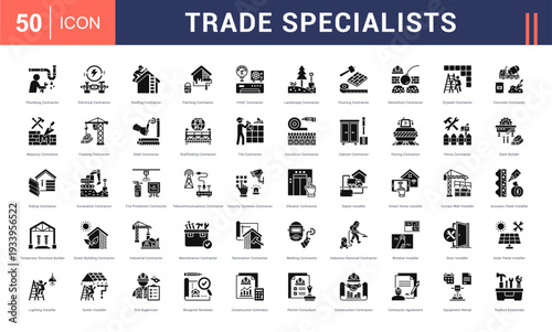 Trade Specialists Icon Set. Plumbing Contractor, Electrical Contractor, Roofing Contractor, Painting Contractor, HVAC Contractor and more. Glyph Style vector icons collection.