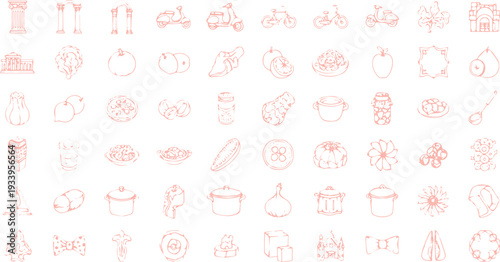 Collection of hand-drawn icons in pink: food, drinks, vehicles, clothing, architecture, and more. Doodle elements for design.