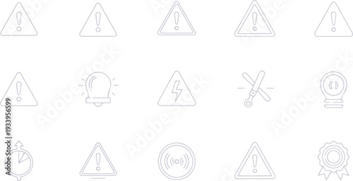 Minimalist outline icons for warning, attention, and ideas, including hazard triangles and light bulbs