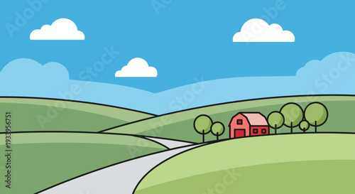 Idyllic Countryside Farm Landscape with Winding Road