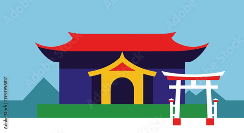 Traditional Japanese Temple and Torii Gate Illustration