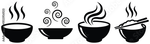 Steaming Bowl Icon Set Silhouette Vector — Hot Food Soup Steam Symbol Collection Black Isolated Clipart