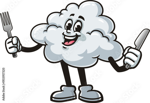 Cloud mascot cartoon holding a fork and knife